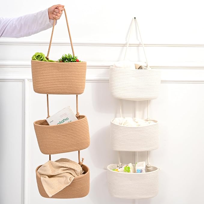 ICERZCZ Hanging Baskets for Organizing, Over the Door Decorative Storage Organizer, Nursery Decor Organization, 3-Tier Wall Basket for Entryway Playroom Bathroom Closet, Khaki