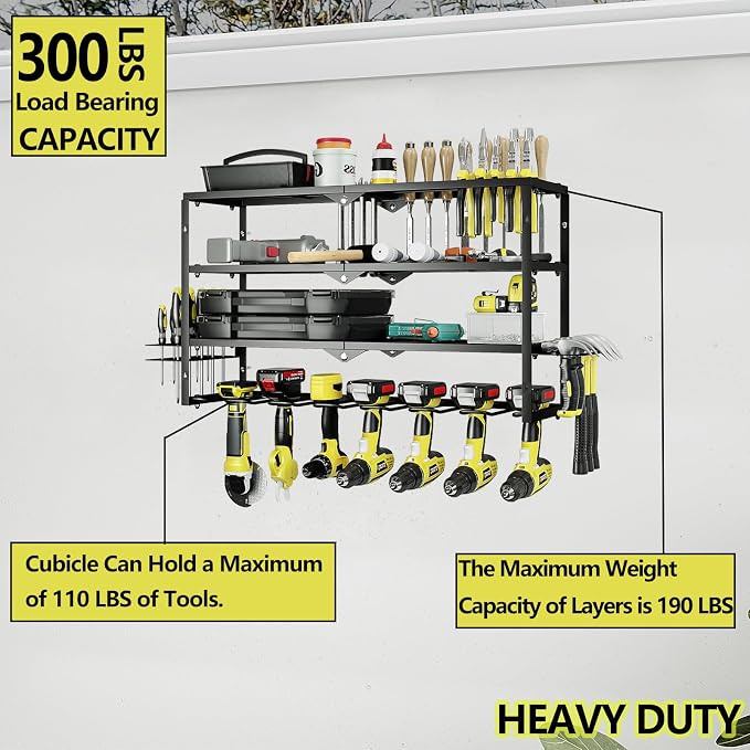 AZERPIAN Power Tool Organizer Heavy Duty Wall Mount Drill Tools Holder | Garage Wall Mount Tool Rack, Workshop Metal Cordless Tool Shelf, 3 Layers Utility Storage Racks for 7 Drill Holders