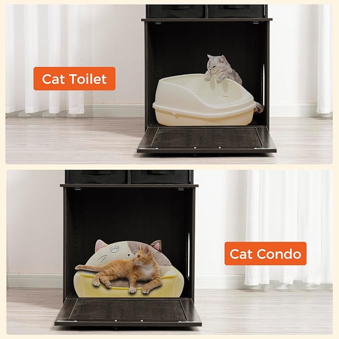 Dwanton Cat Litter Box Enclosure, 3 Storage Shelves and 2 Drawers, 61.8" H | 2-in-1 Hidden Cat Litter Box Enclosure Furniture with Shelf, Metal Frame, Reversible Entrance, Washable Drawers, Dark Grey