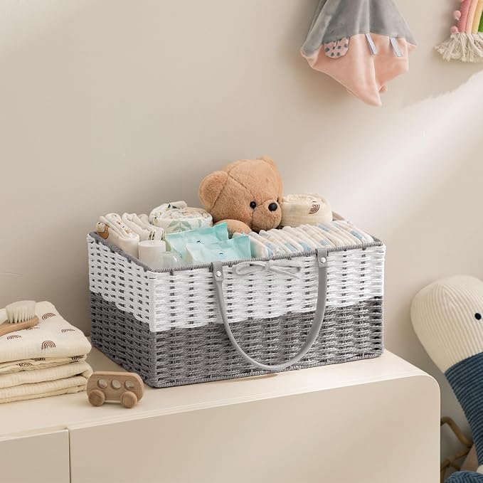 HBlife Large Baby Diaper Caddy Organizer, Paper Rope Storage Baskets Nursery Bin with Removable Divider, Portable Car Organizer for Diapers, Baby Shower Gifts, Newborn Essentials Must Haves