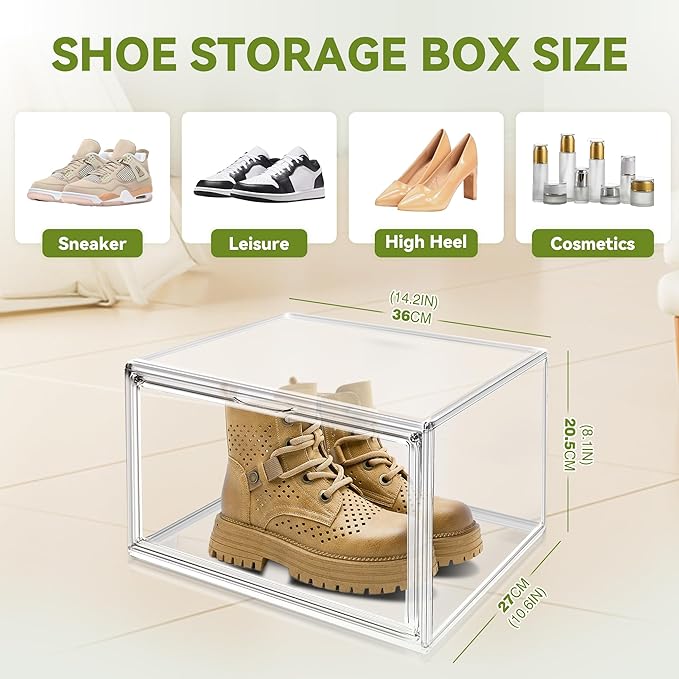 1 Pack Clear Plastic Shoe Boxes, Stackable Magnetic Door, Fit Size 12.5 | 14.2 x 10.6 x 8.1 in clear plastic boxes for daily sneakers, casual shoes and closet storage