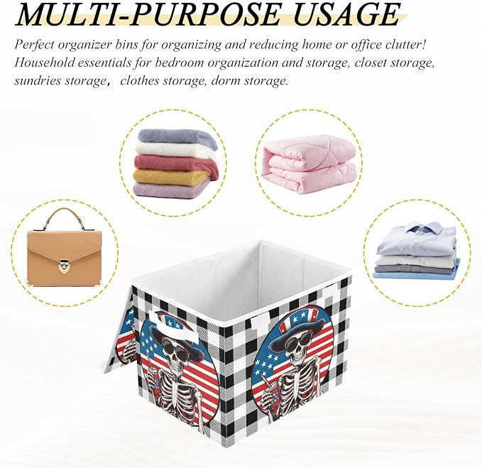 Fabric Storage Bins with Lid America Skull Closet Storage Basket 40L | Decorative Storage Boxes, Foldable & Stackable, Dust-Proof Flip Top, Reinforced Handles, For Home & Dorm, Clothes & Toy Box