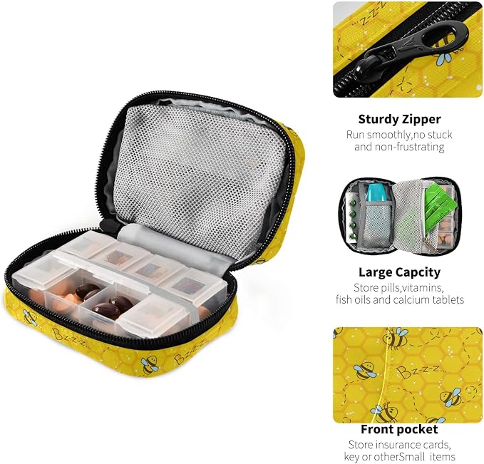 Pill Case 7 Day Pill Organizer Bees Honeycombs Travel Pill Case Portable Weekly Pill Box Bag Container Vitamin Supplement Holder with Zipper for Family Business
