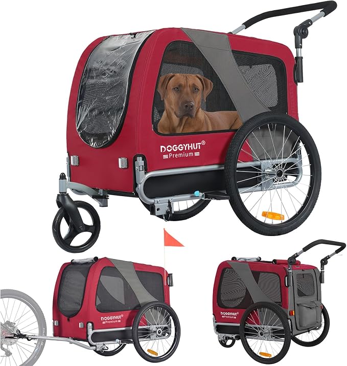 DOGGYHUT® Premium Large Pet Bike Trailer & Stroller Up to 77 lbs (Red) | Bicycle Trailer for Small Medium or Large Dogs, Dog Bicycle Carrier, Low Center of Gravity, Folding Frame Cart