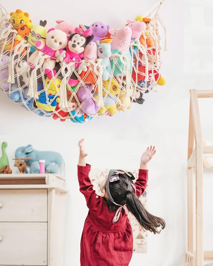 Stuffed Animal Net or Hammock -Wall Mounted-Handmade Macrame Toy Hammock Organizer Stuffed Animal Display Plush Toys Holder Boho Decor for Nursery Playroom Bedroom Kids Room Storage 1