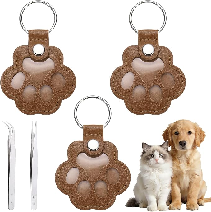 Dog Fur Storage Keychain, Pet Fur Keepsake Keyrings, Paw Shaped, Pet Hair Keepsake Keychains with Tweezers
