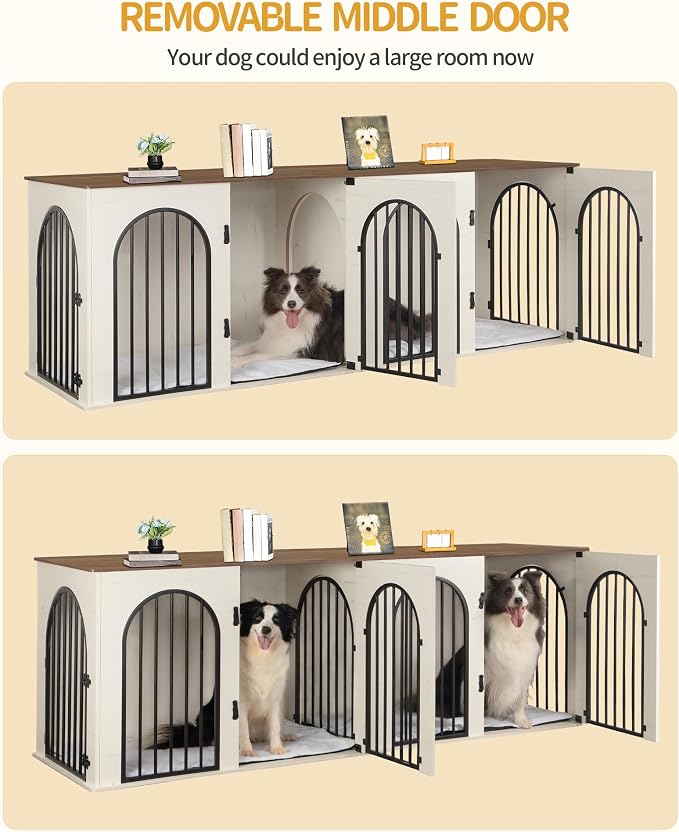 Hzuaneri 86.6" Double Dog Crate Furniture, Dog Kennel Indoor with Cushion | Heavy Duty Dog Crate Furniture for 2 Dogs,Dog Cage End Table TV Stand with Divider for Med-Large Dogs,White Brown DFC84014BV1