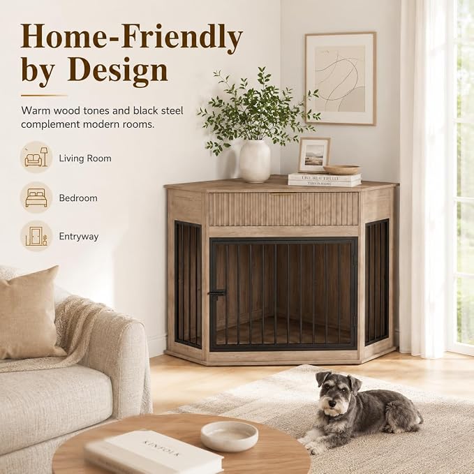 Corner Dog Crate Furniture with Fluted Drawer | MDF & Steel, Medium Dogs 26-40 lbs, Modern decorative pet house