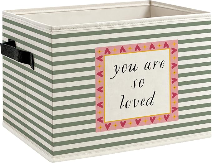 You Are So Loved Classroom Foldable Storage Bins Box with Handles, Kids Affirmation Sage Green Striped Decorative Storage Boxes Baskets Organizer for Kids Bedroom Nursery Playroom Classroom