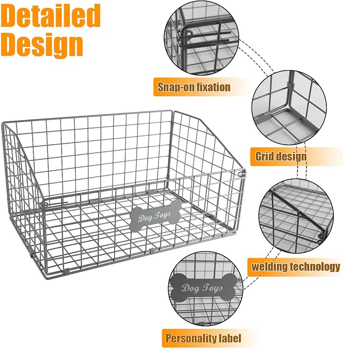 Geyecete Toy box for dogs large Dog Toy organizer Pet wire folding basket DOG TOY container dog toy box-Chew-Proof Dog Food Toy Storage-Gray