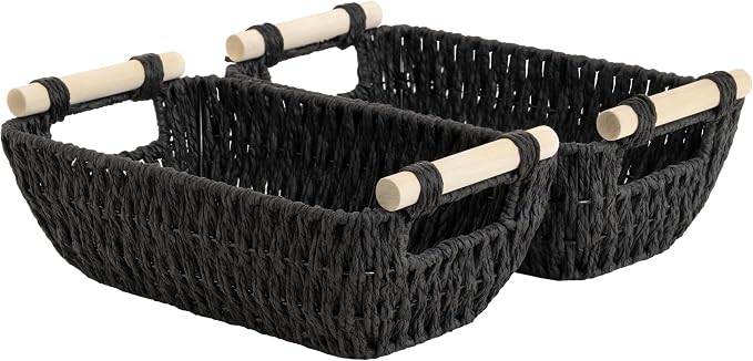 StorageWorks Small Storage Basket, Organizing Baskets for Shelf, Black | Wicker Storage Baskets for Shelves, Baskets with Wooden Handles, 2-Pack Gifts Basket for Home Decor, Hand-Woven Basket