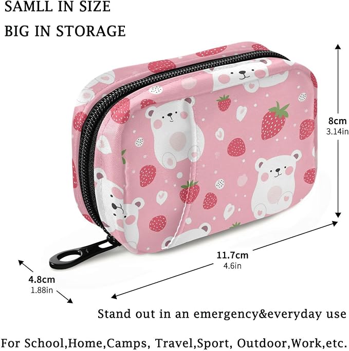 Fustylead Cute Cartoon White Bear and Strawberry Pill Organizer for Purse, Weekly Portable Pill Box with Zipper to Storage Vitamins Fish Oils Medications Supplements