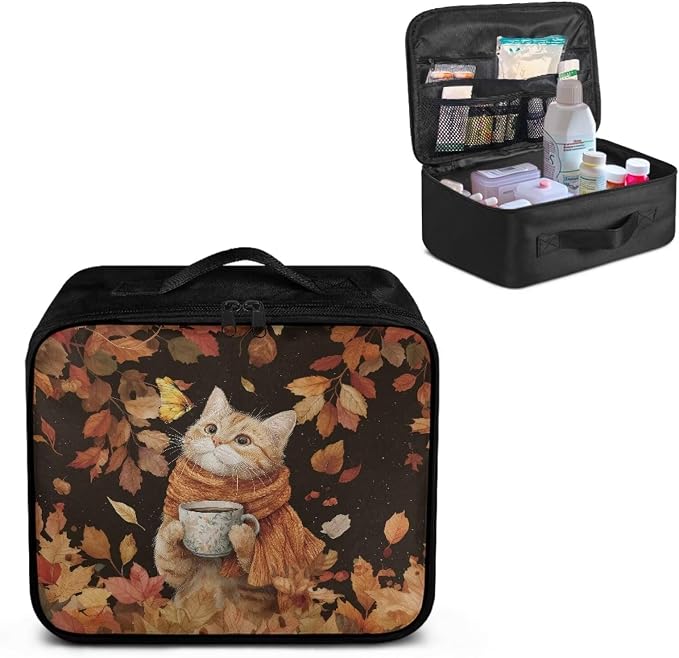 First Aid Kit Bag Fall Cat Maple Leaf Empty First Aid Bag Medical Bag Empty Large Capacity for Home Office and Travel Use Lightweight Washable Soft Fabric