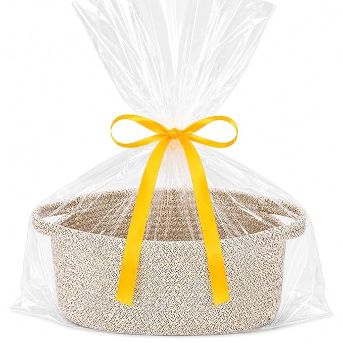 ABenkle Small Basket Empty Gift Basket, Decorative Boho Rope Woven Nursery Storage Organizer Dog Toy Baskets for Baby Showers Christmas Easter with Gift Bags and Ribbons, 12"X 8" X 5"