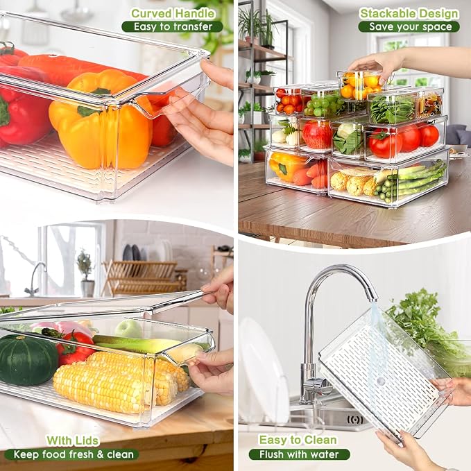 ZIJUND 14 Packs Fridge Organizers and Storage, Refrigerator Organizer Bins | Stackable BPA-Free Refrigerator Organizers and Storage Containers for Fruit, Vegetable, Food, Drinks, Cereals, Clear