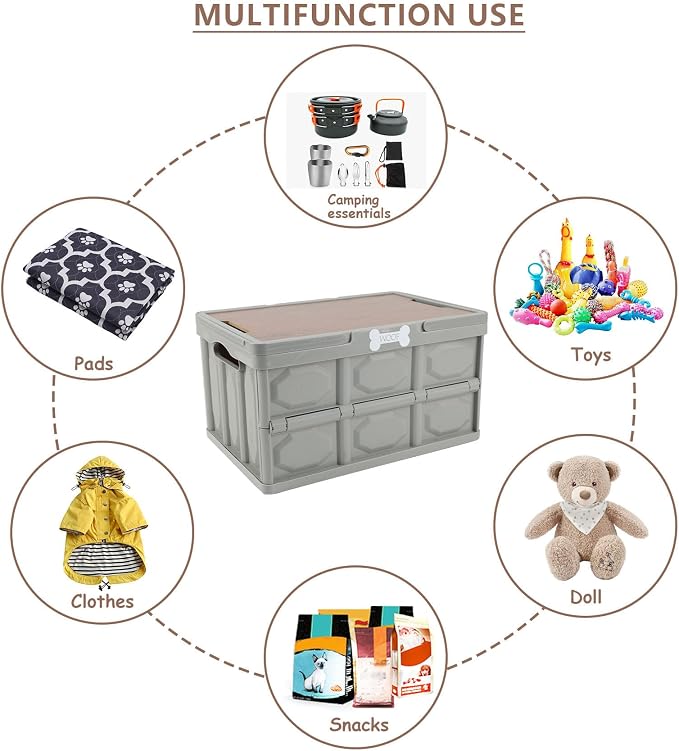 Outdoor Dog Toy Bin wtih Handles,Collapsible Dog Stuff Organizer Portable,Pet Storage Basket with Wood Cover for Dog Toys/Snack/Camping Essentials,Ideal for Car Trunk,RV Trip,Picnic-Gray