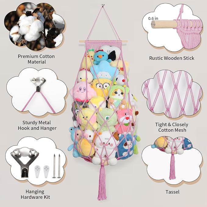 Stuffed Animal Storage Hammock Corner,70'' Macrame Plushie Net,Pink | Wall Ceiling Over Door Hanging Stuffed Animals Hammock, Boho Macrame Stuffy Storage Holder, Nursery Playroom Kid Room Decor