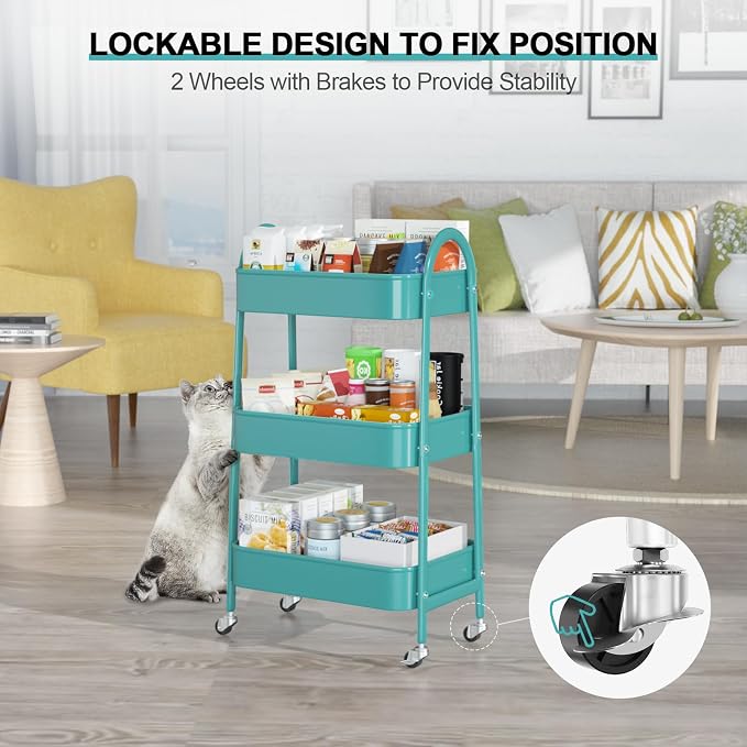 3 Tier Utility Rolling Cart, Metal Storage Cart with Handle and Lockable Wheels, Multifunctional Storage Organizer Trolley with Mesh Baskets for Kitchen, Living Room, Office, Garage (Turquoise)