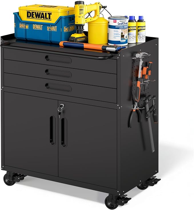 Metal Storage Cabinet for Garage, Tool Cabinet, Utility Cabinet | Wheeled, Rolling Tool Cabinet, 3 Drawers, 2 Doors Lockable, Top Countertop, Pegboard, Assembly Required, Black