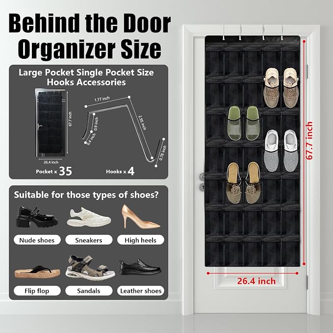 Over Door Shoe Organizer 35 Pocket Hanging Storage | No Drill Hanging Shoe Rack with Metal Hooks, Space Saving Organizer for Closet, Bedroom and Door Storage