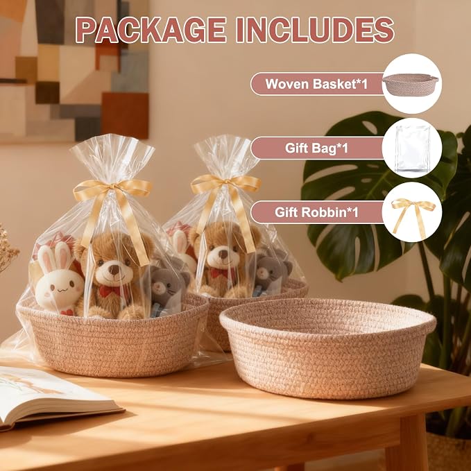 Small Basket with Gift Bags and Ribbons，Small Woven Basket Cute Oval Cotton Rope Gifts with Handle Empty Baby Wicker Storage Basket for Baby Showers Pet Toy Bin (4 Pack (12"x 8"x 3.74"))