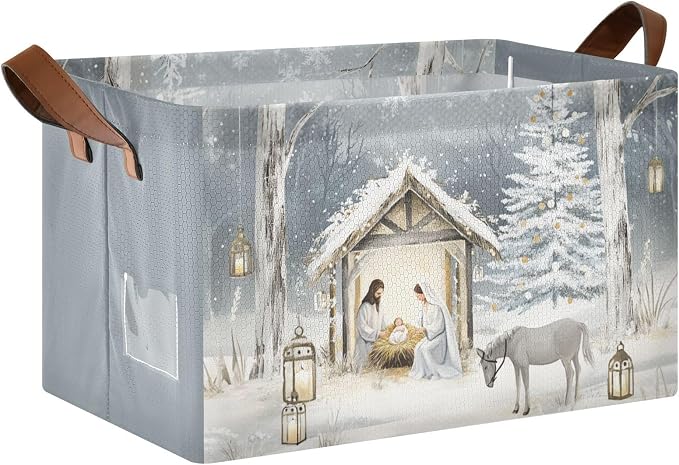 Holy Night Nativity Scene Christmas Storage Bins for Shelves with Labels&Handles Fabric Organizer Bin Foldable Rectangle Storage Basket Boxes for Closet, Bathroom, Home, Living Room