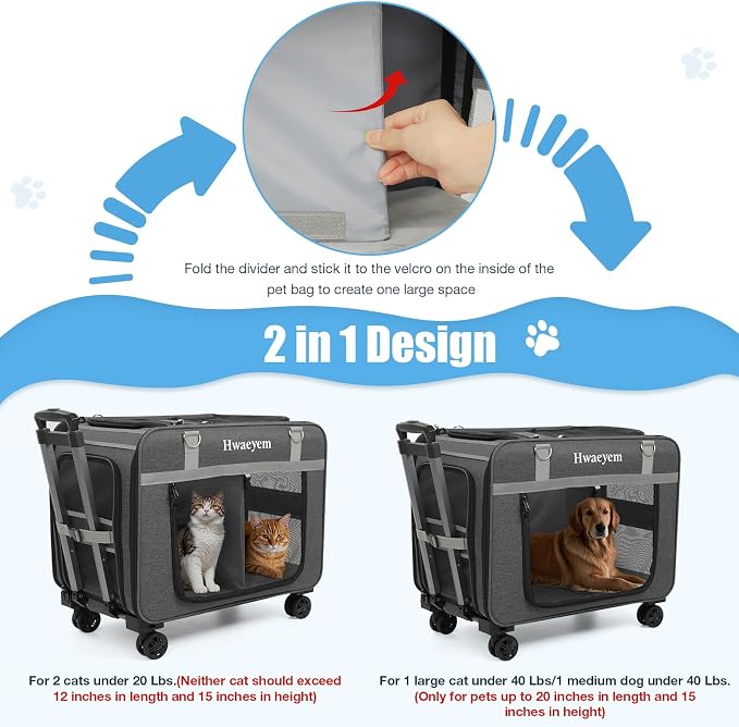 Extra Large Cat Carrier for 2 Cats with Wheels, Rolling Dual-Compartment Cat Car Travel Carrier, Portable Dog Cat Crate for Large Cat for Long Trips, Support up to 40 Lbs, 24" X 15" X 17"