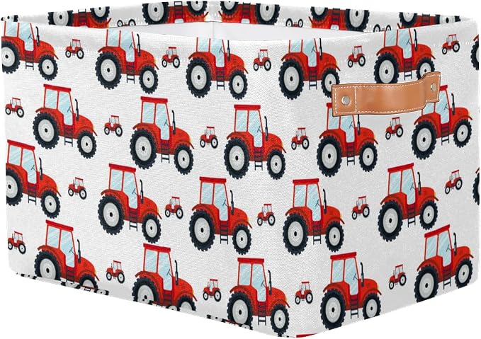 Red Tractor Rectangle Storage Basket Truck Car Foldable Storage Bin Cubes with Handles Large Organizer Bins Boxes Toy Closet Shelf Nursery Laundry Basket Home Decor