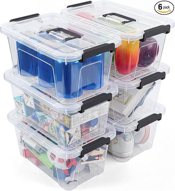 Storage Bins with Lids,7Qt Clear Stackable Storage Containers With Lids Buckle Latches.Perfect for LEGO, Crafts, Office Supplies, and Dorm Room Organization,6-Pack,ClearBlack