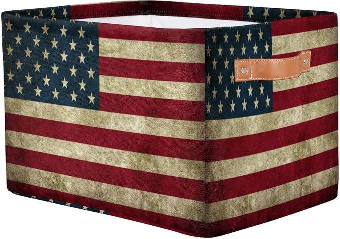 Pardick Storage Basket American USA Flag, Large Foldable Organizer Storage Bins for Shelves, Sturdy Canvas Cubes Storage Boxes with Handles for Toys Closet Nursery Office Living Room 15" x 11" x 9.5"