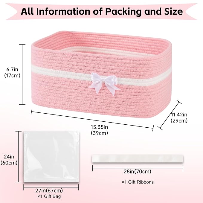 OIAHOMY Large Woven Storage Basket with Handles for Nursery Living Room Shelves, Bow Basket for Gifts Empty with Gift Bags and Ribbons for Baby Showers Pet Toy Bin - Pink, 25L