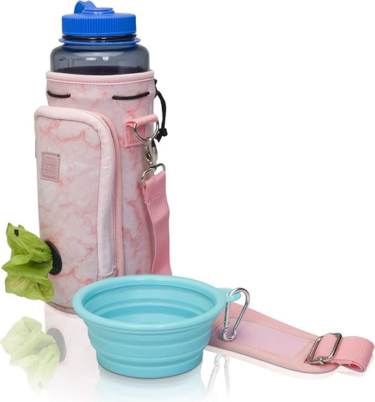 Made Easy Kit Water Bottle Carrier with Pocket for Dog Poop Waste Bags and Adjustable Padded Shoulder Strap (Tall & Large (40oz) with Bowl, Pink, Marble)