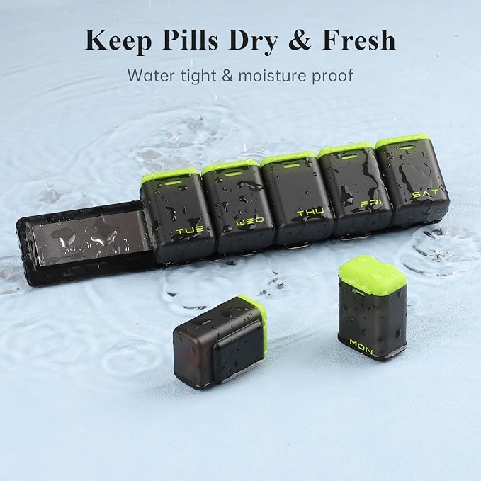 KOVIUU Weekly Pill Organizer, Magnetic Medicine Vitamin Case 1 Time a Day | Week Once Daily Supplement Box, Removable Medication Container Holder for Fridge, 7 Day Large Travel Pill Dispenser, Green