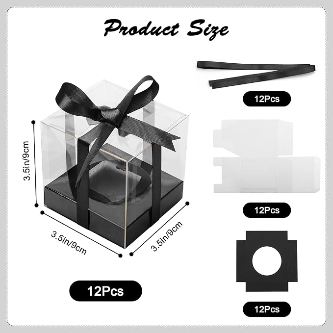 12 PCS Clear Cupcake Boxes 3.5 Inch Cupcake Containers (Black) | Disposable Cupcake Carrier Plastic Individual Cupcake Storage Holder with Ribbons and Inserts for Wedding, Birthday Party