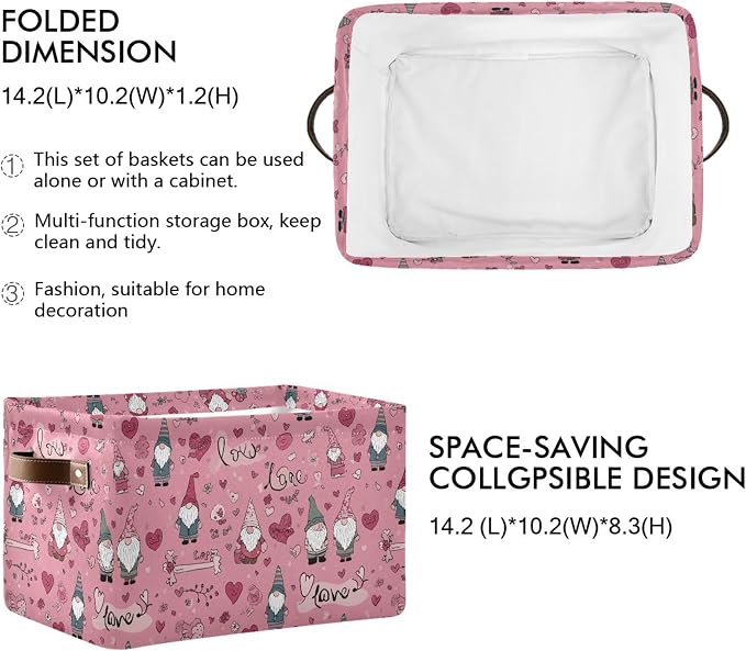 Happy Valentines Day Pink Storage Basket with Waterproof Liner and PU Handles Love Gnome Flowers Gift Storage Bins Boxes 14.2" Collapsible Decorative Organizer Baskets for Bedroom Closet Office 2 Pack