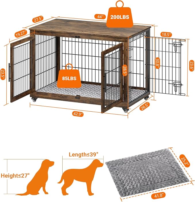 YaFiti Dog Crate Furniture, 44" Wooden Dog Kennel, 2 Pack, Rustic Brown | Cushion, Wheels, Double Doors, for Large Dogs, Up to 85 lb, Furniture Style, Side End Table, Decorative Pet Cage House