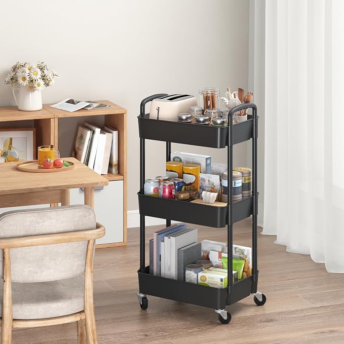 Sywhitta 3-Tier Plastic Rolling Utility Cart with Wheels for Storage,Black | Multi-Functional Storage Trolley, for Office, Living Room, Kitchen, Bathroom,Movable Organizer,Space-Saving,Easy to assemble