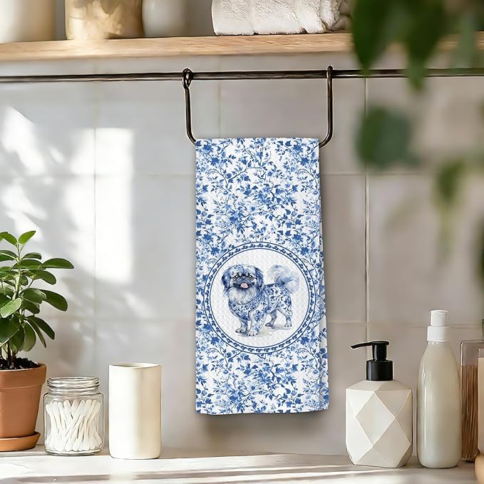 Chicimln Chinoiserie Pekingese Dog Kitchen Towels, Pekingese Gifts Decorative Hand Towels for Bathroom, Blue and White Dog Dish Tea Towel Drying Cloth for Kitchen Decor,16x24 Inch,Set of 2