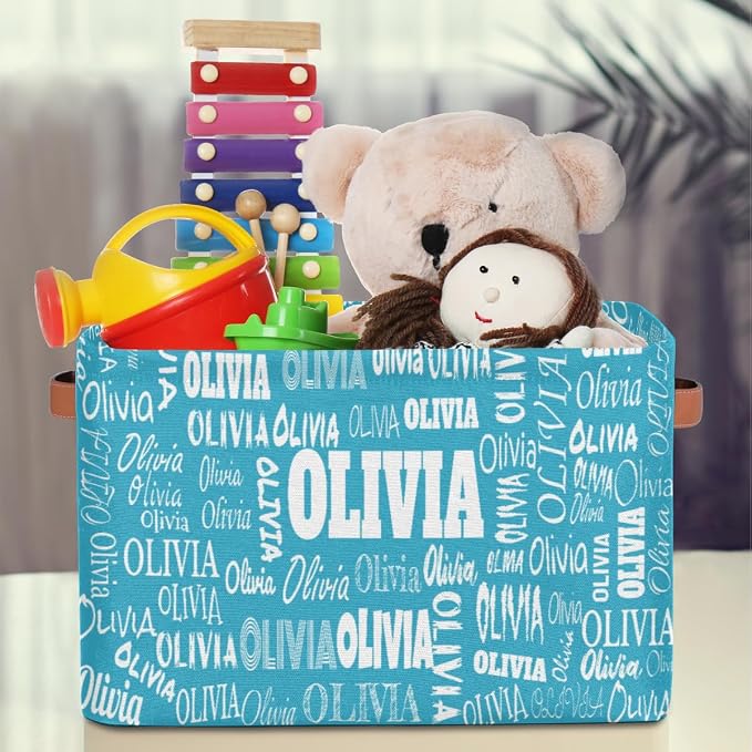Custom Storage Baskets Named Storage Bins Boxes Sky Blue Solid Color | Organizing Boys Girls Pets Toys Closet Shelf Clothes Books