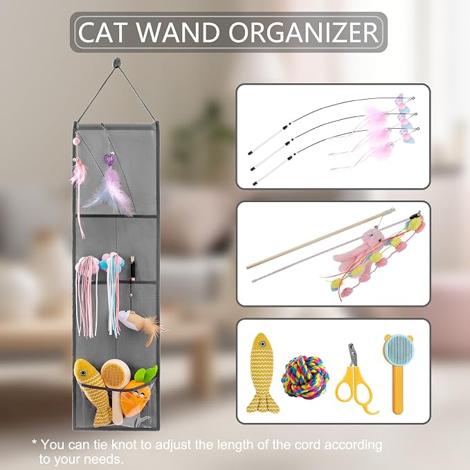 Hanging Cat Wand Holder and Kitten Stick Toy Storage Bag - Accessories Organizer for Indoor Cats (Fabric Pockets)