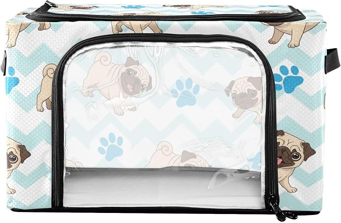 Cute Pets Pugs White pattern Under Bed Storage Containers with Double Zipper Openings, Foldable Clothes Storage Bins with Clear Window and Handles for Comforters Blankets Bedding