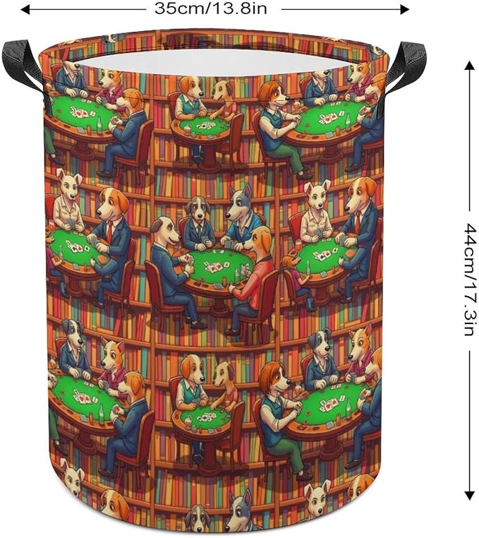 Waterproof Laundry Hamper with Handles Dogs Playing Poker Cards Library, Collapsible Basket for Clothing, Toy, and Towel Organization in Home and Nursery