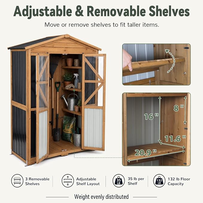 Ketive Outdoor Storage Cabinet, 72-Inch Tall, with Adjustable Shelves | Fir wood frame, metal panels, sloped asphalt roof, hooks and ground stakes for patio and backyard organization.