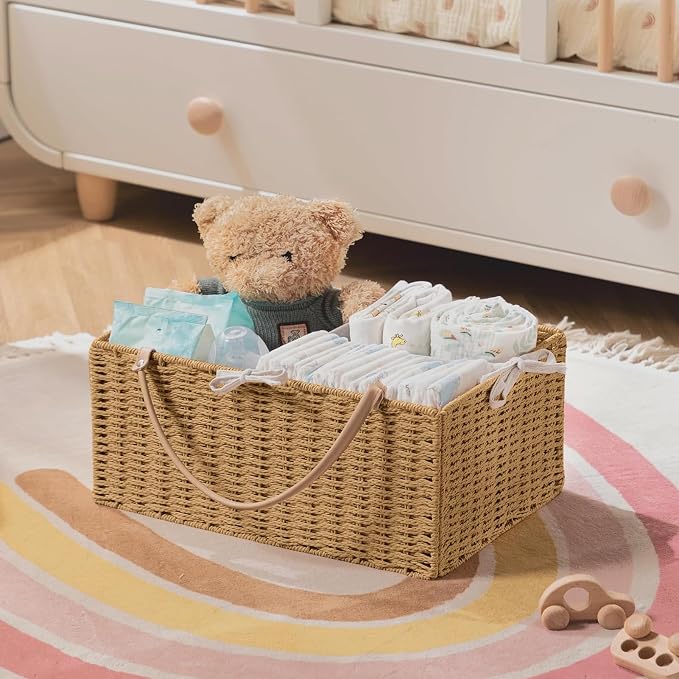 HBlife Large Baby Diaper Caddy Organizer, Paper Rope Storage Baskets Nursery Bin with Removable Divider, Portable Car Organizer for Diapers, Baby Shower Gifts, Newborn Essentials Must Haves