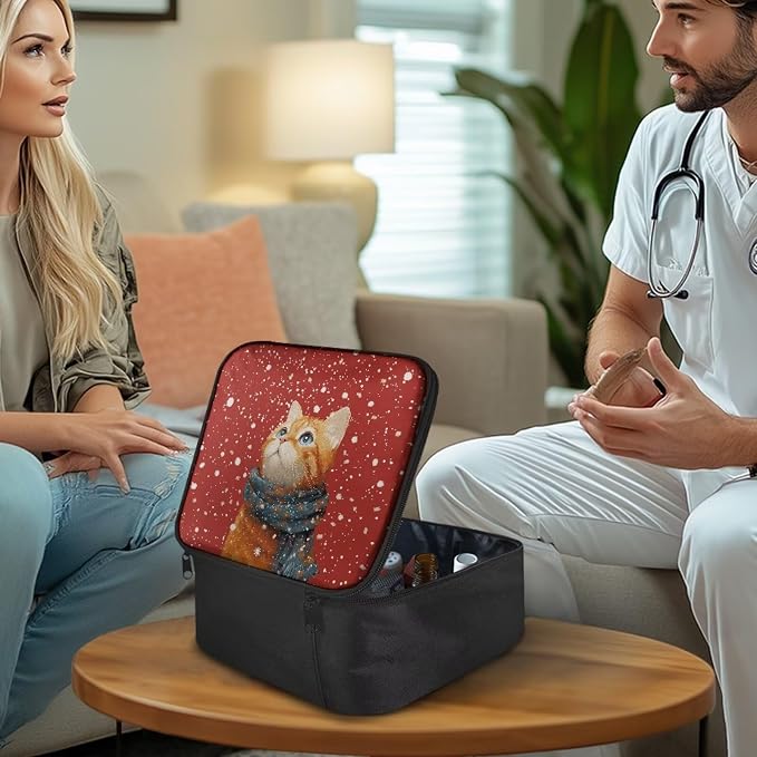Empty First Aid Bag Red Winter Cat Medical Bag Empty Large Capacity for Home Office and Travel Use Lightweight Washable Soft Fabric Organizational Pouch