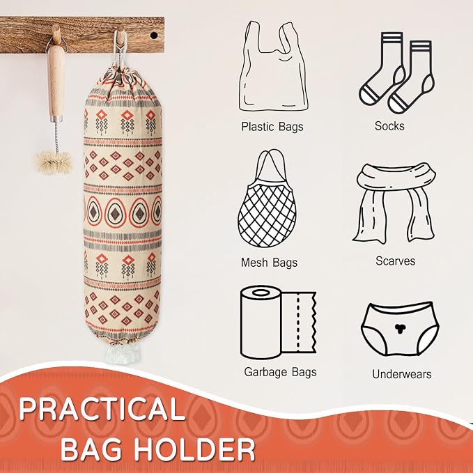 Plastic Bag Holder, Reusable Grocery Bag Holder for Plastic Bags Groceries Store, Flower Canvas Trash Plastic Bag Organizer Storage Holders for Home Kitchen Pantry Decor (Boho Style)