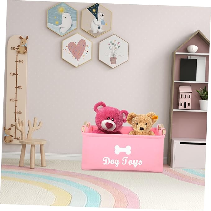 INOOMP Pink Felt Pet Organizer Basket with Wooden Handle Large Dog Storage Bin for Home and Utility Lightweight and Portable Container for Pet Accessories