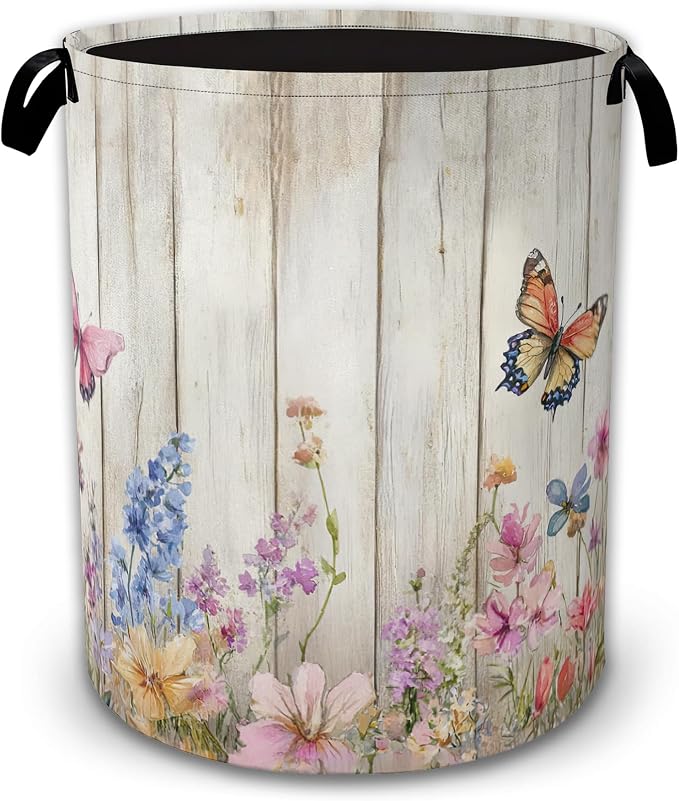 Collapsible Laundry Basket,Rustic Floral Waterproof Oxford Cloth Hamper with Handles,Butterfly Garden 16 x 20.8 Inch Portable Storage Organizer for Laundry Room Bedroom