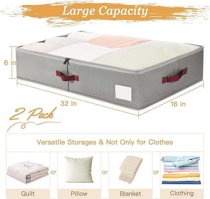 Under Bed Storage Bins with Clear PVC Lids – 2 Pack Large Underbed Organizers with Heavy-Duty Handles, Reinforced with 800G PP Panels & 80G Non-Woven Fabric – Waterproof & Foldable, Gery