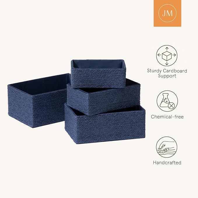 LA JOLIE MUSE Bathroom Basket Organizers, Paper Rope Storage, Blue 4 Pack
